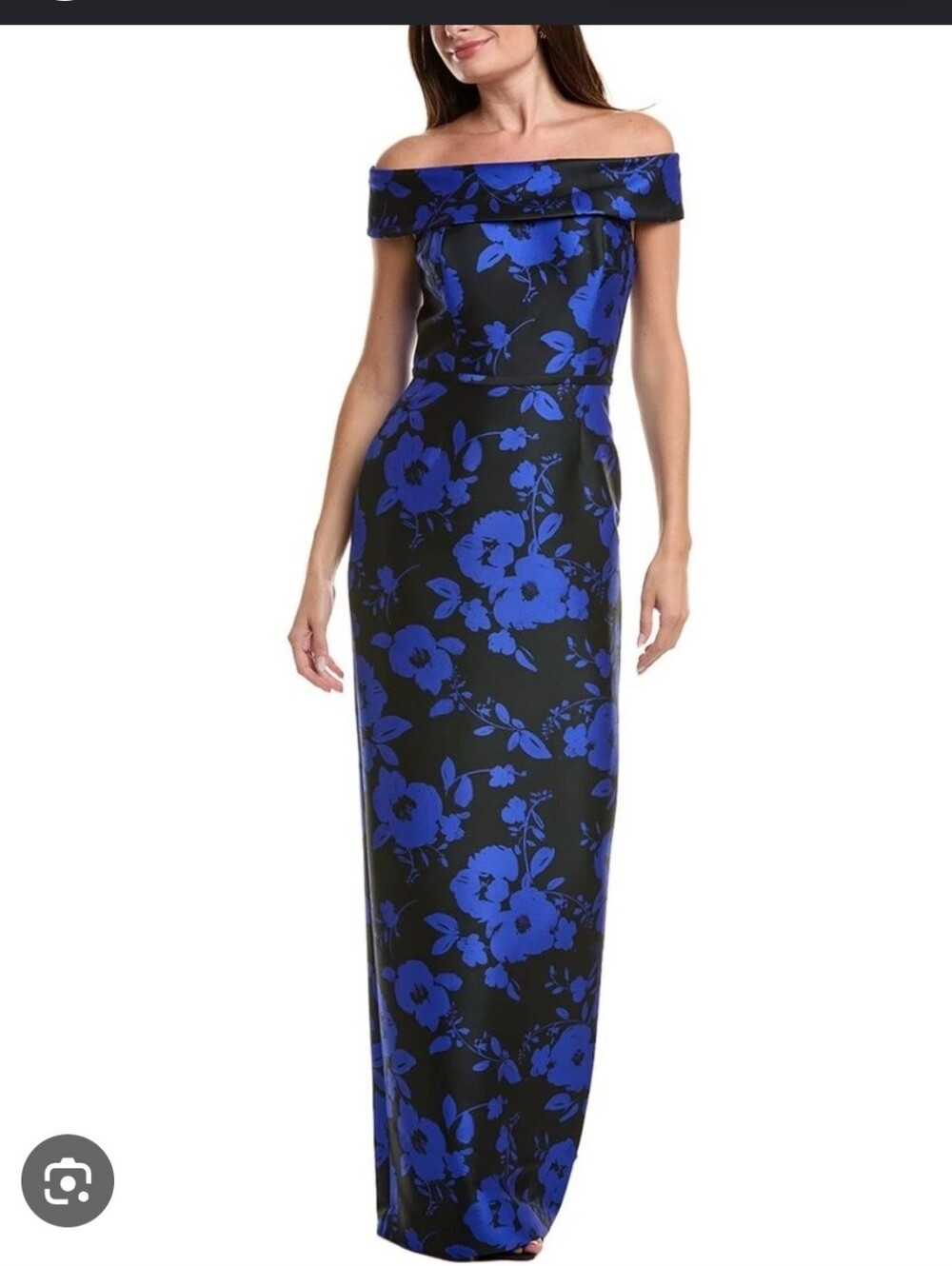 Teri Jon Black and Royal Blue Off-Shoulder Floral Gown Size 18